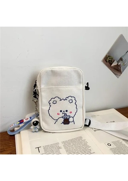 Beyaz 2 No Kolye 2023 Yeni Kanvas Küçük Taze Bayanlar Tek Omuz Çapraz Çanta Çok Fonksiyonlu Moda Karikatür Baskı Tüm Maç Paketi (Yurt Dışından)