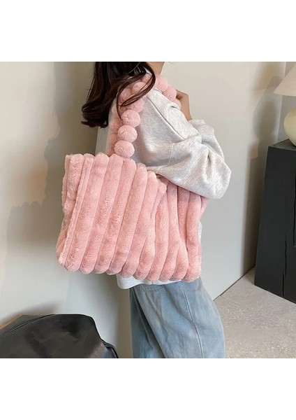 Pembe Kadın Peluş Kare Koltuk Altı Çanta Sonbahar ve Kış Kürklü Moda Omuz Çantası Büyük Kapasiteli Alışveriş Çantası Düz Renk Kabarık Çanta (Yurt Dışından)