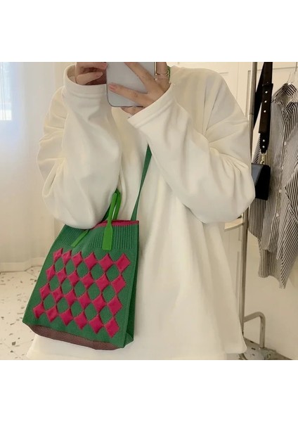 Siyah Acclilyhood 80S Moda Vintage Tığ Ekose Orta Boy Çanta Yaz Ins Kore Retro Örgü Kare Şık Yan Sling Çanta Çanta (Yurt Dışından) modelleri