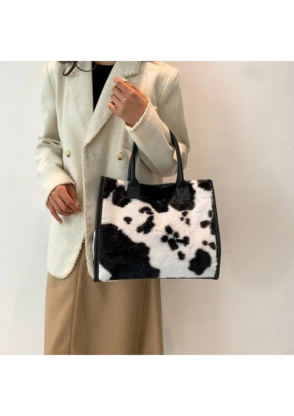 E Stil 1 Kadın Peluş Omuz Çantası Yumuşak Tüylü Tote Çanta Sevimli Kabarık Üst Saplı Çanta Trendy Kadın Büyük Kapasiteli Alışveriş Işe Gidiş Çantası (Yurt Dışından)