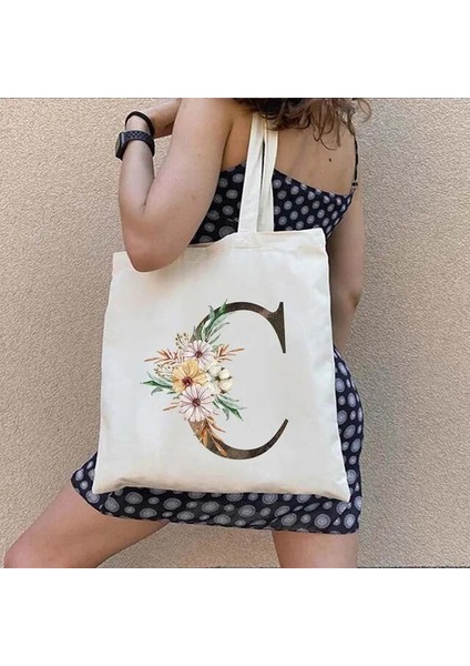 C 35X40CM Suluboya Çiçek Düğün Monogram Çiçekler Ilk Harf Baskı Kadın Kanvas Alışveriş Tote Çantaları Eko Yeniden Kullanılabilir Alışveriş Çantaları (Yurt Dışından)