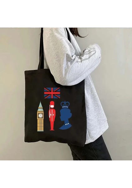 B 40 35X40CM Londra Köprüsü Big Ben Ingiltere Bayrağı Haritası Omuz Alışveriş Kanvas Tote Çanta Manzara Skyline Birleşik Krallık Ingiliz Kadın Çanta (Yurt Dışından)