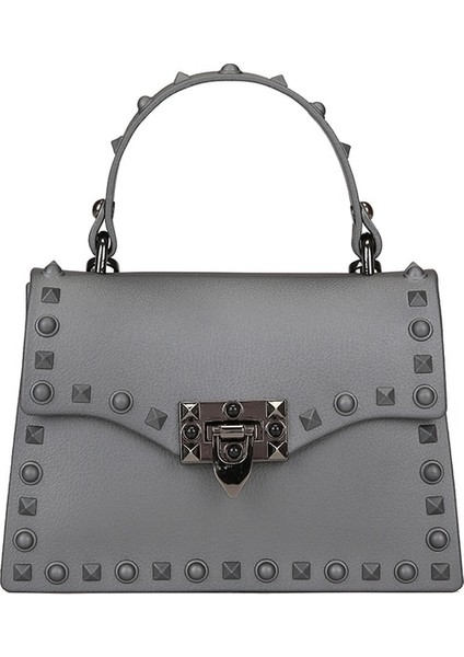 Gri Büyük Boy 25X9X18 cm Yüksek Kaliteli Kadın Küçük Pvc Çanta Omuz Çantaları Moda Bayanlar Kadınlar Için Crossbody Çanta Rahat Kadın Perçin Messenger Çanta (Yurt Dışından)