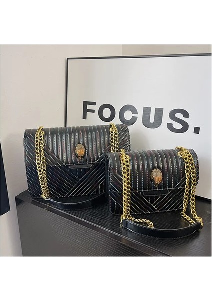 Siyah 27X17X8CM Kadın Crossbody Çanta 2023 Yumuşak Deri Kadın Çantası Metal Kuş Kafası Dekorasyon Toka Doku Küçük Kare Çanta Zincir Omuz Çantası (Yurt Dışından)