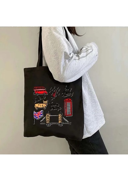 B 37 35X40CM Londra Köprüsü Big Ben Ingiltere Bayrağı Haritası Omuz Alışveriş Kanvas Tote Çanta Manzara Skyline Birleşik Krallık Ingiliz Kadın Çanta (Yurt Dışından)