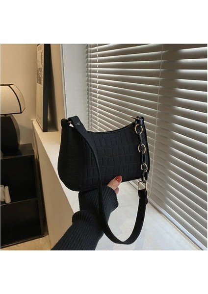 Siyah Keçe Moda Kadınlar Için Omuz Çantaları Keçe Kadın Subaxillary Çanta Tasarımı Gelişmiş Doku Koltukaltı Çanta Çantalar Hilal Eyer Çantası (Yurt Dışından)