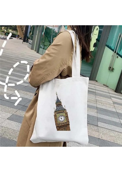 52 35X40CM Londra Köprüsü Big Ben Ingiltere Bayrağı Haritası Omuz Alışveriş Kanvas Tote Çanta Manzara Skyline Birleşik Krallık Ingiliz Kadın Çanta (Yurt Dışından)