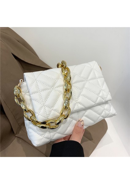 Beyaz 22X16X6CM Eşkenar Dörtgen Zincir Küçük Kadın Çantası Yeni Moda Trendy Doku Tek Omuz Çantası Basit Batı Tarzı Messenger Küçük Kare Çanta (Yurt Dışından) indirimleri