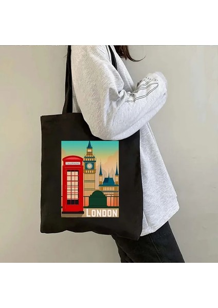 B 56 35X40CM Londra Köprüsü Big Ben Ingiltere Bayrağı Haritası Omuz Alışveriş Kanvas Tote Çanta Manzara Skyline Birleşik Krallık Ingiliz Kadın Çanta (Yurt Dışından)