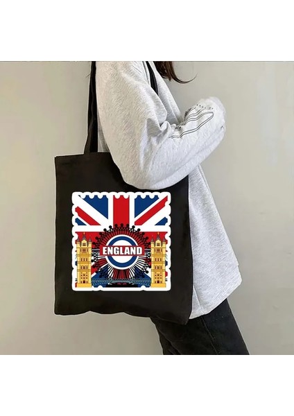 B 48 35X40CM Londra Köprüsü Big Ben Ingiltere Bayrağı Haritası Omuz Alışveriş Kanvas Tote Çanta Manzara Skyline Birleşik Krallık Ingiliz Kadın Çanta (Yurt Dışından)