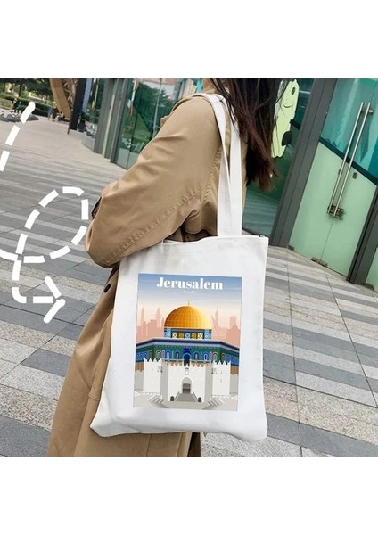 Kudüs 35X40 cm Istanbul Kudüs Atina Bali Bangkok Barcelona Basel Berlin Budapeşte Kadın Kanvas Omuz Çanta Tote Shopper Alışveriş Çantaları (Yurt Dışından)