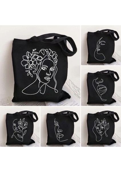 W13 35X40CM Güzel Kadın Yüz Çantası Çiçek Hat Sanatı Moda Kız Yüz Baskı Hediye Kanvas Alışveriş Çantaları Yeniden Kullanılabilir Eko Alışveriş Çantası (Yurt Dışından) fiyatları