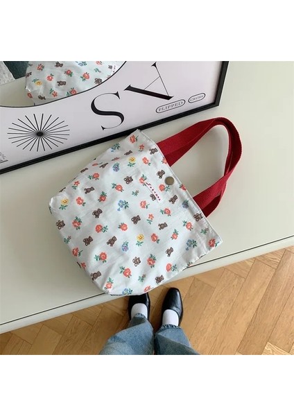 Çiçek Ayı 10X25X20 cm Kore Tarzı Sevimli Çiçek Kanvas Küçük Alışveriş Çantası Kadın Kadın Kız Çanta Öğle Yemeği Çantaları Alışveriş Bezi El Çantası Çanta (Yurt Dışından)