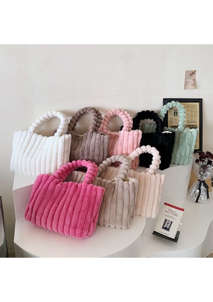 Gül Kırmızı Moda Peluş Tote Çanta Rahat Üst Çanta Katı Kabarık Omuz Çantası Büyük Kapasiteli Kürklü Alışveriş Çantası Şık Seyahat Kılıfı Çanta (Yurt Dışından)