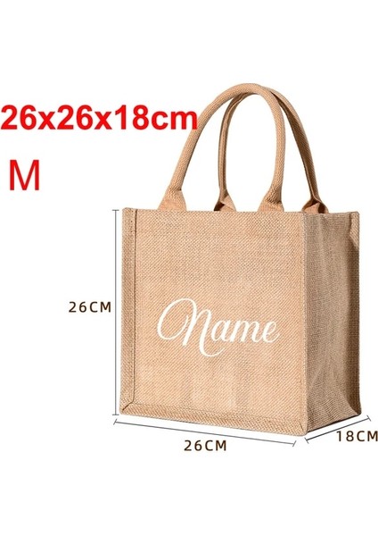 M-26X26X18CM Adınız Veya Logonuz Özel Ad Jüt Alışveriş Çantası Kadın Çanta Saplı Su Geçirmez Büyük Kapasiteli Çeşitli Eşyalar Saklama Çantası Kişiselleştirilmiş Hediye Çanta (Yurt Dışından)