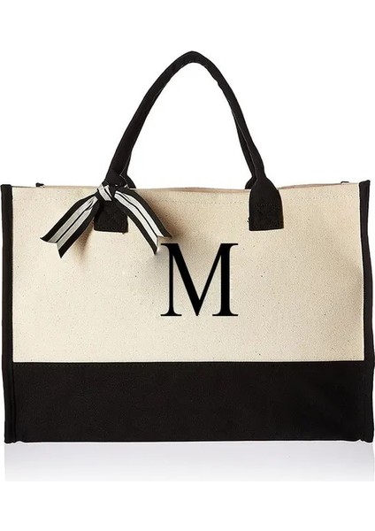M 40X30X15 A-Z Kanvas Tote Çanta Moda Kanvas Tote Mektuplar Çiçek Taşınabilir Plaj Omuz Alışveriş Rahat Plaj Çantası Büyük Kapasiteli Çanta (Yurt Dışından)
