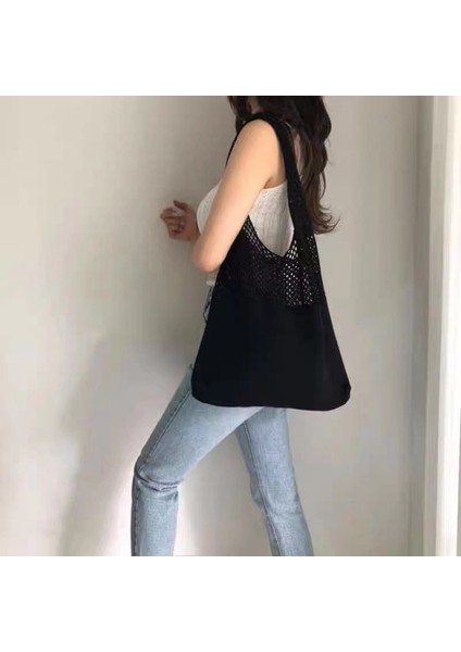 Denim Mavi Yaz Plaj Parti Çantası Çantalar Alışveriş Kesesi Satchel Kadın Vintage Delikli Örme Çanta Kadın Omuz Çantası Tote Çanta (Yurt Dışından) fırsatları