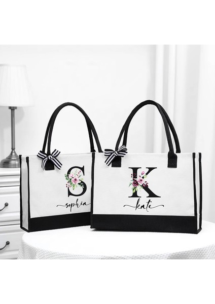 D4BLACKFO Özel Ad Tote Çanta Moda Kanvas Tote Mektup Çiçek Taşınabilir Plaj Omuz Alışveriş Rahat Plaj Çantası Büyük Kapasiteli Çanta (Yurt Dışından)