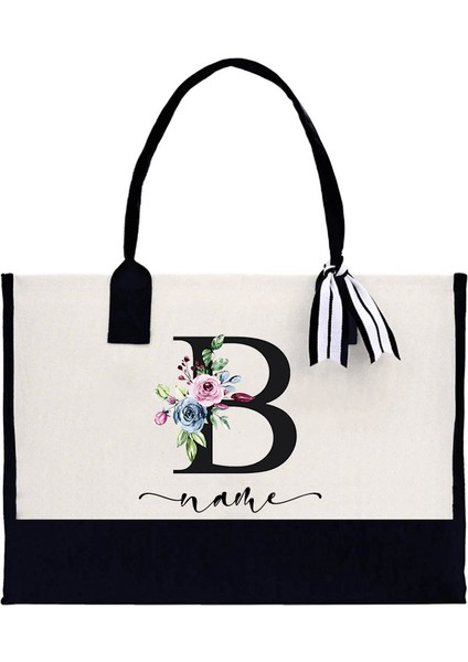 D4BLACKFO Özel Ad Tote Çanta Moda Kanvas Tote Mektup Çiçek Taşınabilir Plaj Omuz Alışveriş Rahat Plaj Çantası Büyük Kapasiteli Çanta (Yurt Dışından)