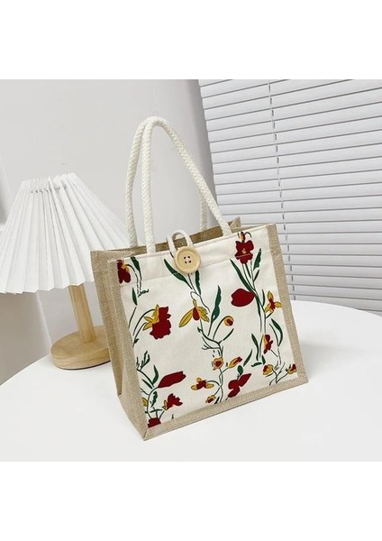 A-Kırmızı Çiçek Baskı Çuval Bezi Bez Çantalar Kadın Keten Tote Shopper Çantalar Yaz Plaj Çanta Taşınabilir Eko Üst Kolu Alışveriş Çantası (Yurt Dışından)