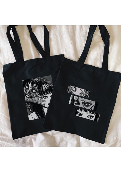 1 Junji I 006 Junji Ito Japon Anime Manga Yeniden Kullanılabilir Alışveriş Çantası Kadın Kanvas Bez Çantalar Baskı Eko Çanta Alışveriş Omuz Çantaları (Yurt Dışından) modelleri