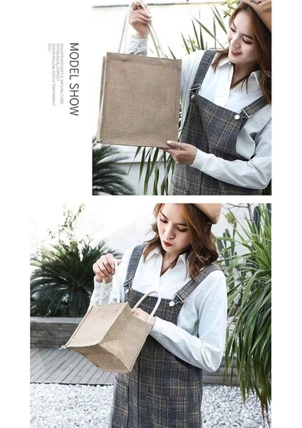 37X27X16CM Jüt Bez Çantalar Çuval Bezi Yeniden Kullanılabilir Plaj Alışveriş Bakkal Saplı Çanta Büyük Kapasiteli Seyahat Depolama (Yurt Dışından)