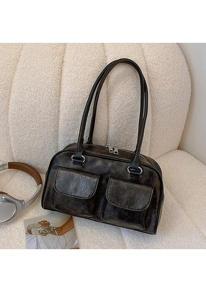Siyah Kaliteli Kadın Tote Çanta Şık Hobo Omuz Deri Çanta Tasarımcısı Lüks Tote Büyük Kapasiteli Katı Alışveriş Çantası Kadın Bolsos (Yurt Dışından)