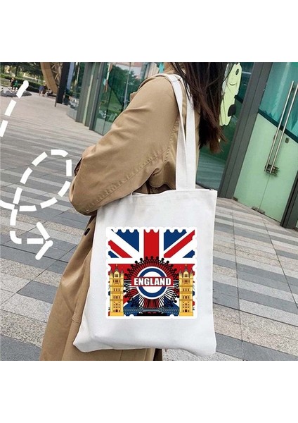 48 35X40CM Londra Köprüsü Big Ben Ingiltere Bayrağı Haritası Omuz Alışveriş Kanvas Tote Çanta Manzara Skyline Birleşik Krallık Ingiliz Kadın Çanta (Yurt Dışından)
