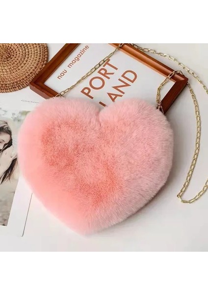 Turuncu Moda Kadın Kalp Şeklinde Çanta Sevimli Kawaii Taklit Kürk Crossbody Çanta Cüzdan Çanta Peluş Zincir Omuz Çantası Bayan Çanta (Yurt Dışından)