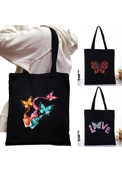 3BUTTERFLY024 35CM x 40CM Kadın Kanvas Omuz Çantası Moda Kelebek Serisi Bez Alışveriş Çantaları Eko Organizatör Büyük Çanta Katlanır Bakkal Alışveriş Paketi (Yurt Dışından) modelleri