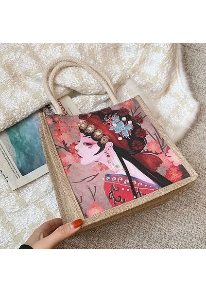 C-Kırmızı Çiçek Baskı Çuval Bezi Bez Çantalar Kadın Keten Tote Shopper Çantalar Yaz Plaj Çanta Taşınabilir Eko Üst Kolu Alışveriş Çantası (Yurt Dışından)