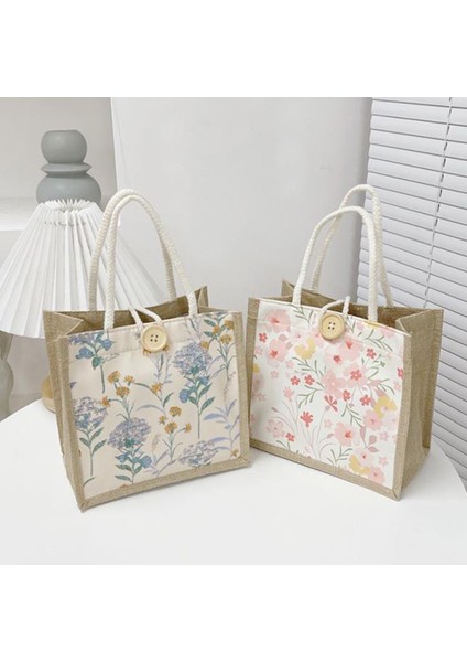 C-Kırmızı Çiçek Baskı Çuval Bezi Bez Çantalar Kadın Keten Tote Shopper Çantalar Yaz Plaj Çanta Taşınabilir Eko Üst Kolu Alışveriş Çantası (Yurt Dışından) fırsatları