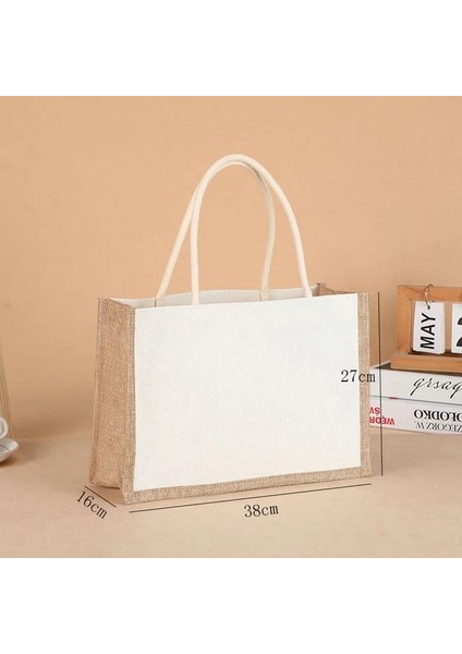 WHITE-38X27X16CM Moda Çuval Bezi Bez Çantalar Boş Jüt Plaj Alışveriş Çantası Vintage Yeniden Kullanılabilir Hediye Çanta Saplı Taşınabilir Kadın Alışveriş Çantası (Yurt Dışından)