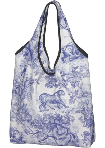 Stil 1 Alışveriş Çantası Toile De Jouy Lacivert Motif Desenli Alışveriş Çantası Alışveriş Çantası Hayvan Orman Çiçek Sanat Omuz Alışveriş Çantası Büyük Çantalar (Yurt Dışından) fırsatları