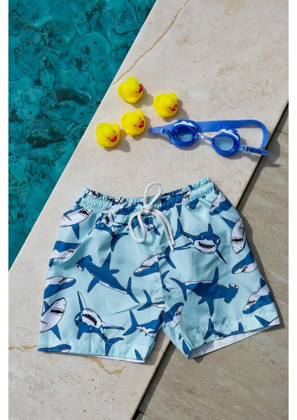 Erkek Çocuk Köpek Balığı Baskılı Bel Bağcıklı Deniz Şortu