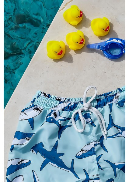 Erkek Çocuk Köpek Balığı Baskılı Bel Bağcıklı Deniz Şortu modelleri