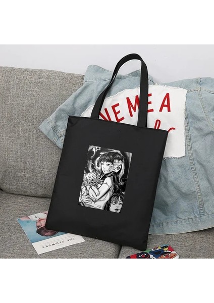 1 Junji I 004 Junji Ito Japon Anime Manga Yeniden Kullanılabilir Alışveriş Çantası Kadın Kanvas Bez Çantalar Baskı Eko Çanta Alışveriş Omuz Çantaları (Yurt Dışından)