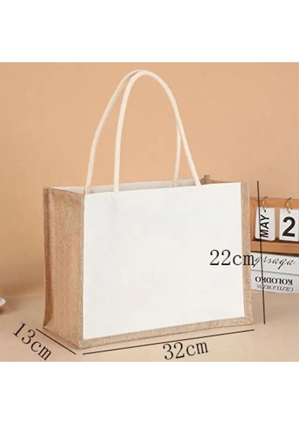 3-32X22X13CM Vintage Bambu Jüt Çanta Su Geçirmez Çuval Bezi Tote Çanta Rahat Büyük Kapasiteli Bej Çanta Taşınabilir Plaj Seyahat Organizatör Çantaları (Yurt Dışından)