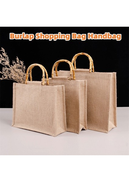 3-32X22X13CM Vintage Bambu Jüt Çanta Su Geçirmez Çuval Bezi Tote Çanta Rahat Büyük Kapasiteli Bej Çanta Taşınabilir Plaj Seyahat Organizatör Çantaları (Yurt Dışından)