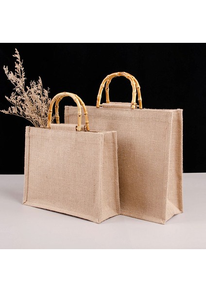 3-32X22X13CM Vintage Bambu Jüt Çanta Su Geçirmez Çuval Bezi Tote Çanta Rahat Büyük Kapasiteli Bej Çanta Taşınabilir Plaj Seyahat Organizatör Çantaları (Yurt Dışından)