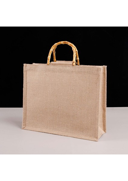 3-32X22X13CM Vintage Bambu Jüt Çanta Su Geçirmez Çuval Bezi Tote Çanta Rahat Büyük Kapasiteli Bej Çanta Taşınabilir Plaj Seyahat Organizatör Çantaları (Yurt Dışından)
