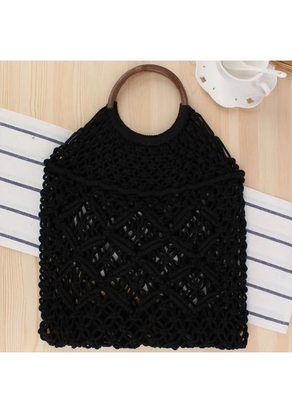 Siyah Saplı (30CM<MAX UZUNLUK<50CM) Yeni Hollow Out Omuz Çantaları Moda Pamuk Halat Balık Ağı Çanta Kadın Örgü Çanta Yaz Plaj Tote (Yurt Dışından)