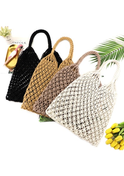 Siyah Saplı (30CM<MAX UZUNLUK<50CM) Yeni Hollow Out Omuz Çantaları Moda Pamuk Halat Balık Ağı Çanta Kadın Örgü Çanta Yaz Plaj Tote (Yurt Dışından) fırsatları