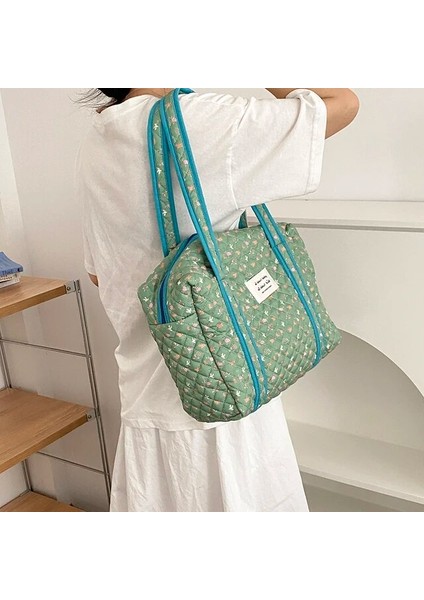 Green Liberty Tote Liberty Kapitone Kadın Pamuk Çanta Taşınabilir Tuval Sevimli Kitaplar Omuz Çantası Fermuar Büyük Tote Kızlar Yumuşak Bez Alışveriş Çantaları (Yurt Dışından)