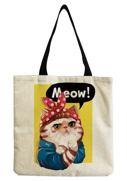 HM4271 Taşınabilir Büyük Kapasiteli Siyah Kadın Alışveriş Çantaları Koyun Çiçek Karikatür Baskılı Tote Kişilik Sevimli Hayvan Basit Boyutu Çanta (Yurt Dışından)