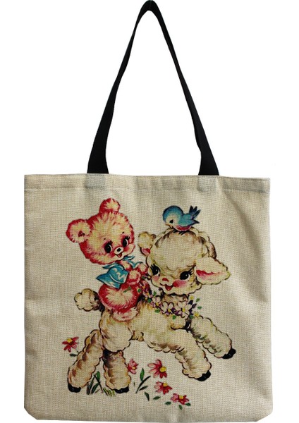 HM4271 Taşınabilir Büyük Kapasiteli Siyah Kadın Alışveriş Çantaları Koyun Çiçek Karikatür Baskılı Tote Kişilik Sevimli Hayvan Basit Boyutu Çanta (Yurt Dışından) modelleri