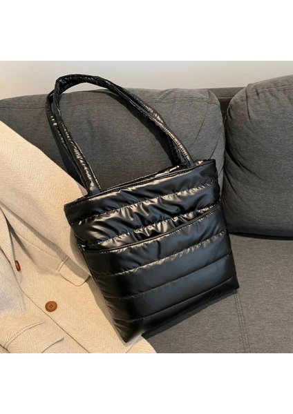 Siyah Kadın Yastıklı Tote Çanta Çok Yönlü Katı Kirpi Çanta Büyük Kapasiteli Kapitone Omuz Çantası Rahat Kış Işe Gidiş Çantası (Yurt Dışından)