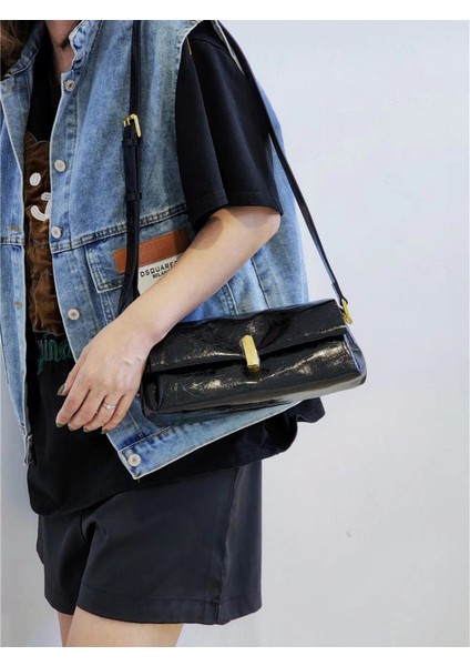 Kahve Büyük Sığır Derisi Çanta 2024 Bahar Gerçek Deri Moda Stil Küçük Crossbody Çanta Çok Yönlü Yağ Balmumu Deri Tek Omuz Kadın Koltuk Altı Çantası (Yurt Dışından)