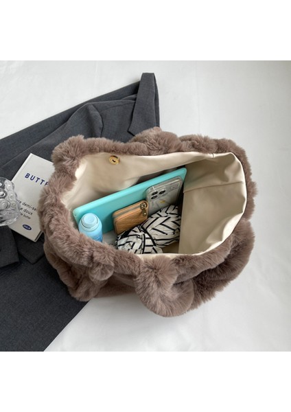 Haki E Kadın Kabarık Bez Çantalar Yumuşak Peluş Omuz Çantası Sevimli Taklit Kürk Hobo Çanta Trendy Büyük Kapasiteli Seyahat Iş Çantası (Yurt Dışından)