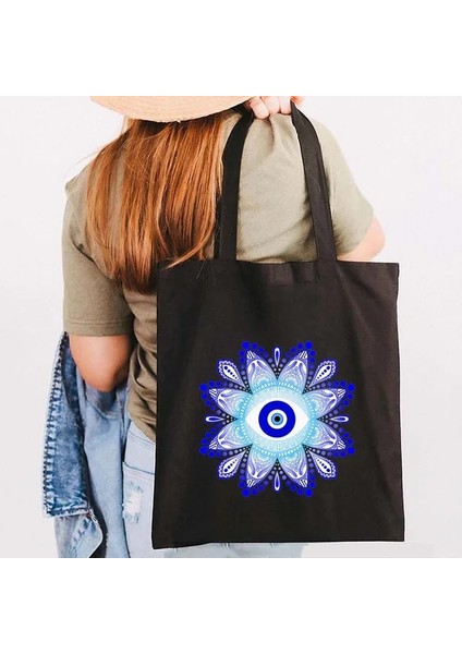 B 15 35X40CM Mavi Nazar Kalp Koruma Mandala Bohemian Omuz Çantası Alışveriş Çantası Kadınlar Için Bakkal Hamsa Muska Kız Seyahat Çanta (Yurt Dışından)